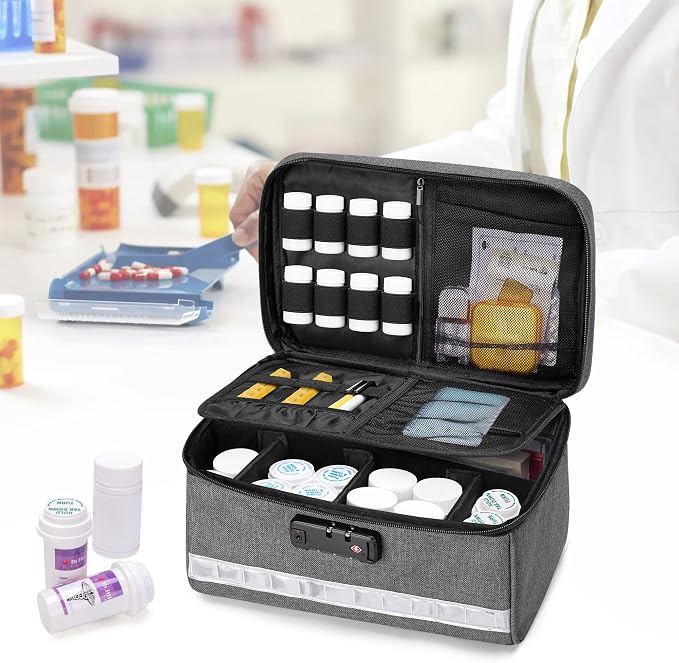 Damero Locking Pill Bottle Organizer with Inner Dividers, Gray | Medicine Storage and Organizer Bag Combination Lock, Medicine Lock Bag for Pill Bottles, Vitamins and Medical Supplies