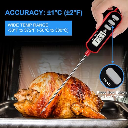 LONICERA Digital Cooking Thermometer for Bread, 5-Inch Probe, Red | 2–3 second instant read, IPX6 waterproof, backlit display, ±2°F accuracy, for bread, dough, liquids, water and meat