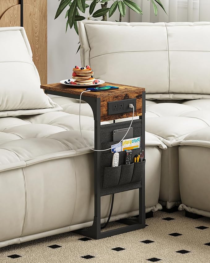 TUTOTAK C Shaped End Table with Charging Station, Side Table for Sofa | Couch Table with Storage Bag, TV Tray with 2 USB Ports and Outlets, Set of 2, Living Room and Bedroom, Brown TB01BB0242