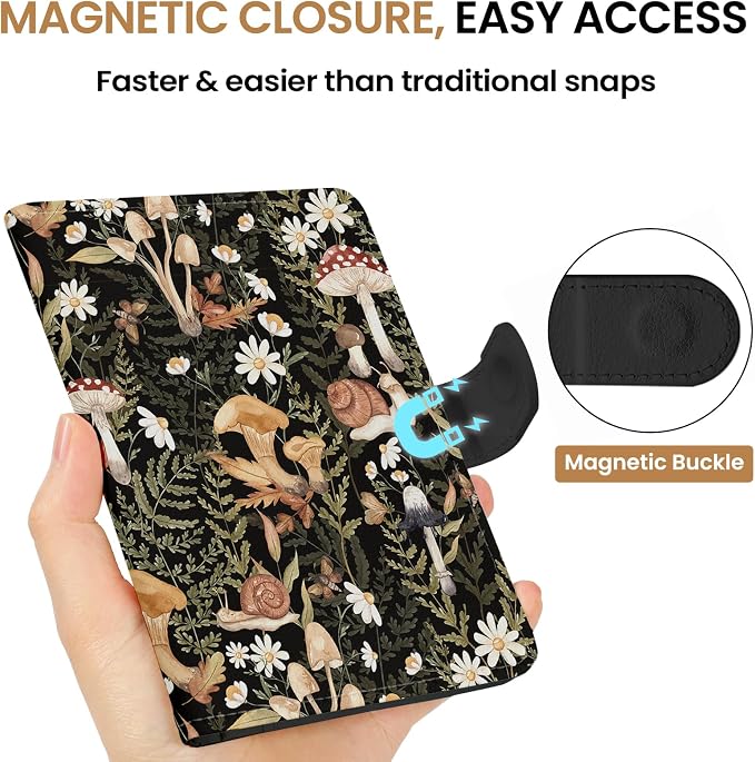 Passport Holder for Travel Essentials, RFID Blocking Leather Cover Wallet with Magnetic Closure, Aesthetic & Cute Passport Book Case for Women and Men - Mushroom