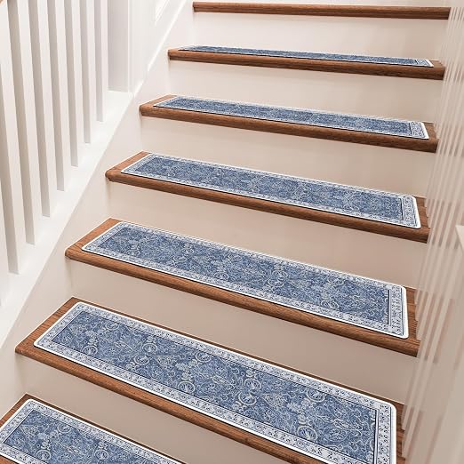 Floral Stair Runner Non Slip 15 Pack Stair Treads 8x30 | 15PCS Wooden Steps Stair Treads 8x30 Inch, Stain Resistant Washable Stair Carpet Rug Silicone Backing, Kids Elders