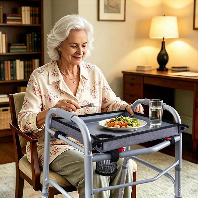 Walker Tray with Cup Holder – Universal Hard Top Walker Accessory for Seniors | Adjustable Side Panels, Waterproof & Easy to Install, With Cup Holder Keeps Drinks Stable, Universal Fit, No Tools Required