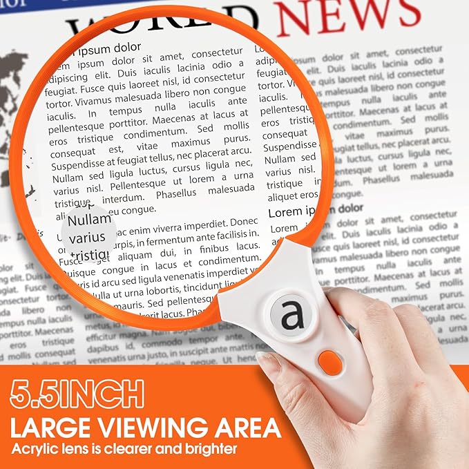 Large Magnifying Glass with Light, Magnifier Handheld Illuminated Lighted Magnifier with 3 LED Lights 1UV Light Storage Bag Clean Cloth for Seniors Reading Inspection (Orange)