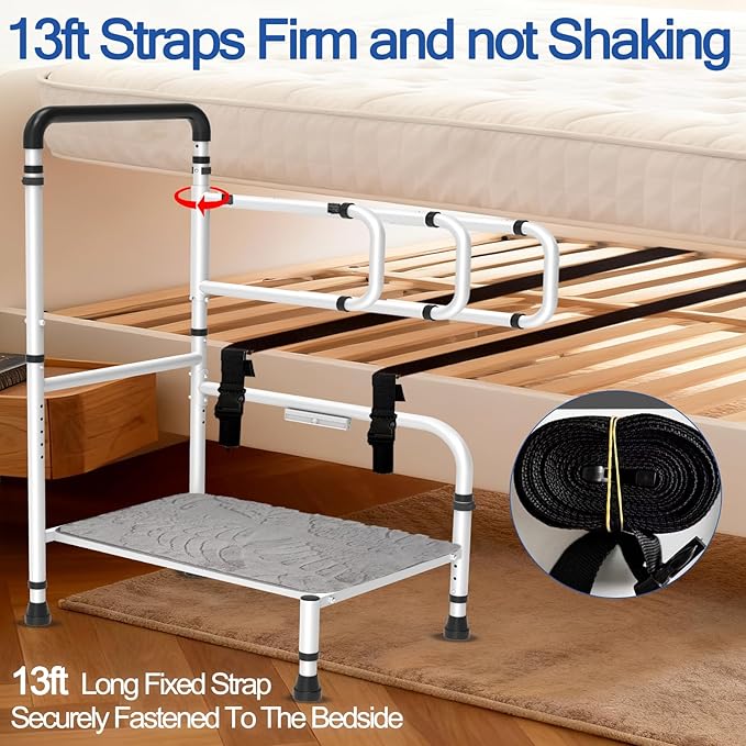 Bed Step Stool for Elderly/High Bed, 360 ° Anti Fall Armrest，Support 800 lbs, 8-Level Adjustable Height, Storage Bag, Memory Sponge Carpet, USB Light, 3 4m Fixed Strap, for Bed Height Below 40″