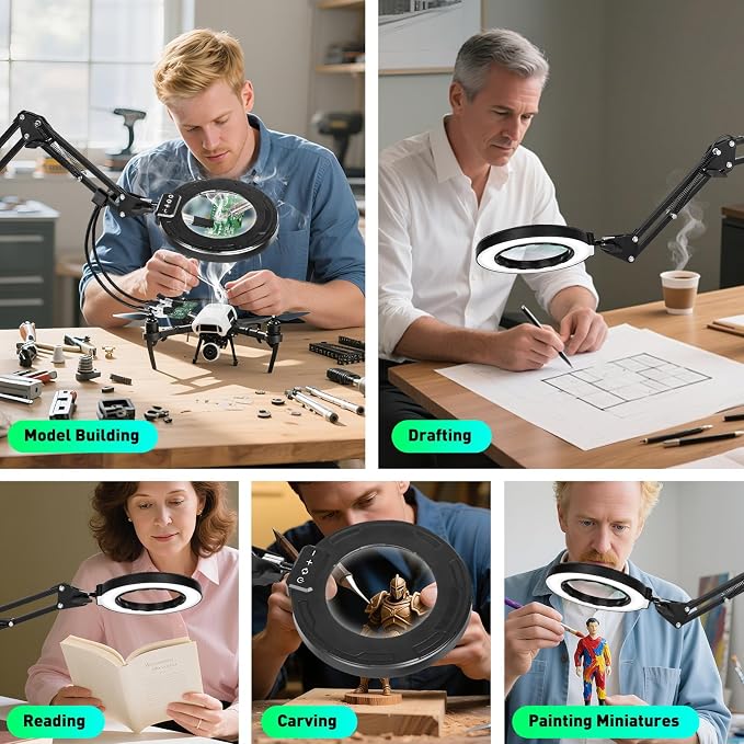 12X Magnifying Glass with Light and Stand, Soldering Helping Hands | 3-Section Swing Arm Workbench Lighted Magnifier, 5 Color Stepless Dimming, LED Desk Lamp with Clamp for Craft Repair Reading