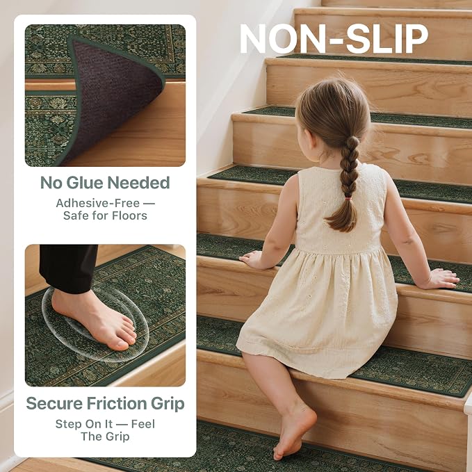 sarben 8"x30" Non Slip Stair Treads for Wooden Steps 15Pk, Dark Green Multi | Peel and Stick Carpet Stair Runner with TPE Adhesive Backing, Carpet for Added Safety, Pet and Senior Friendly