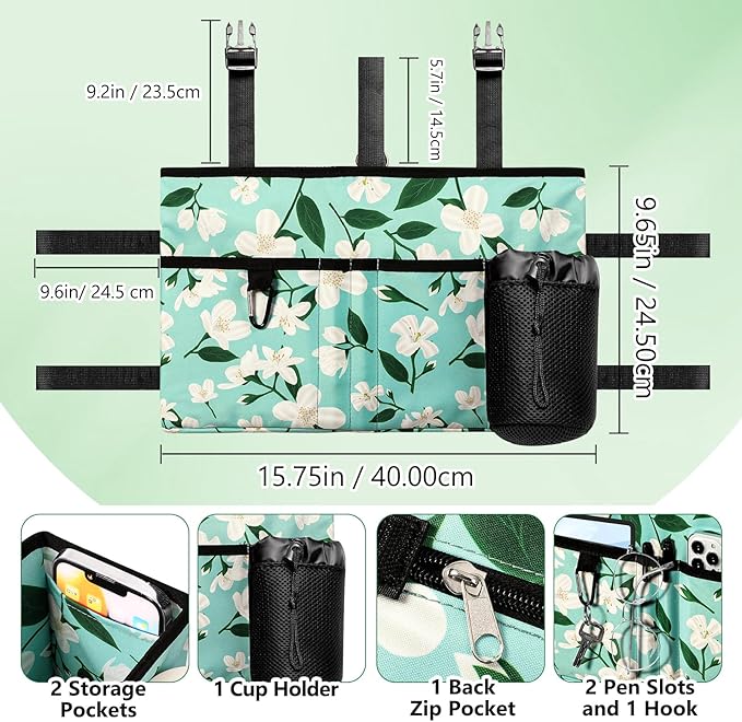 Rhino Valley Walker Bag, Multi Pockets Folding Walker Basket Tote Bag with Cup Holder, Hand-free Carry Pouch Storage Bag for Universal Walkers, Large Capacity Organizer for Seniors Elderly, Flower