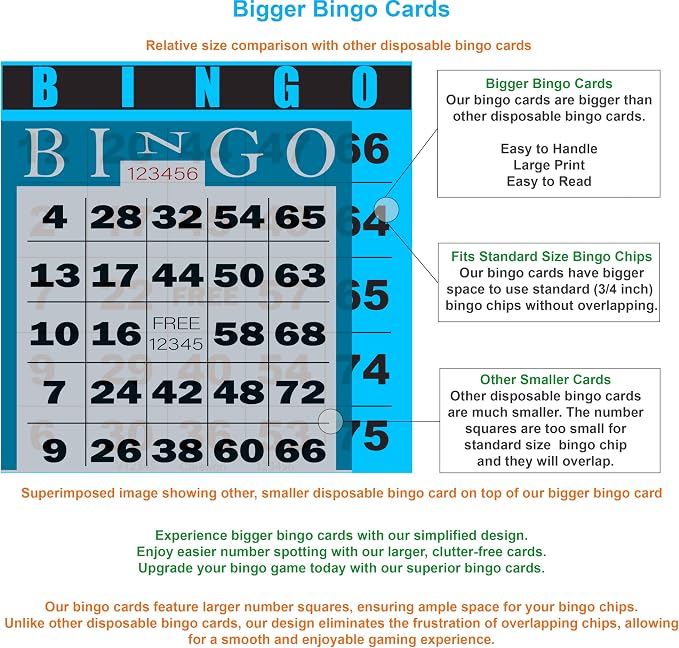 100 Bingo Cards, Large 4.5 x 4.5 Inch, Blue, Paper Bingo Sheets | 8 Color Options, Premium Cardstock, Disposable with Daubers or Reusable with Chips — Proudly Made in USA