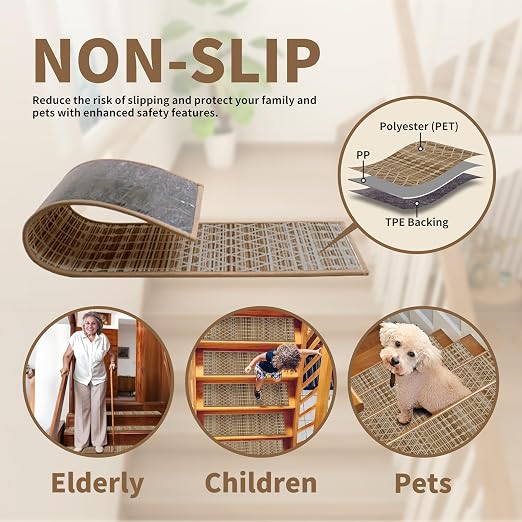 Non Slip Stair Treads for Wooden Steps, 15 Pack 8"x30" Washable Carpet | 8x30 in soft chenille polyester stair treads with reusable TPE backing for indoor wood stairs, dogs, kids, and seniors