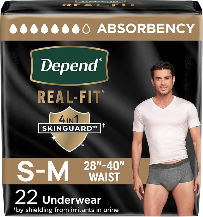 Depend Real Fit Adult Diapers, Incontinence Underwear for Men, Disposable, Maximum Absorbency, Small/Medium, Grey, 22 Count, Packaging May Vary