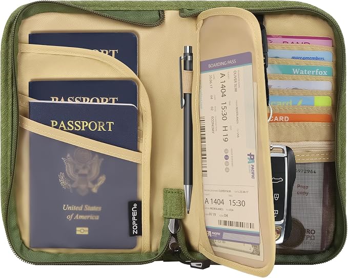 Passport Holder Family RFID Passport Wallet, Passport Holder Women/Men, Travel Wallet Documents Organizer Zipper Case with Removable Wristlet Strap, Travel Essentials for Flying