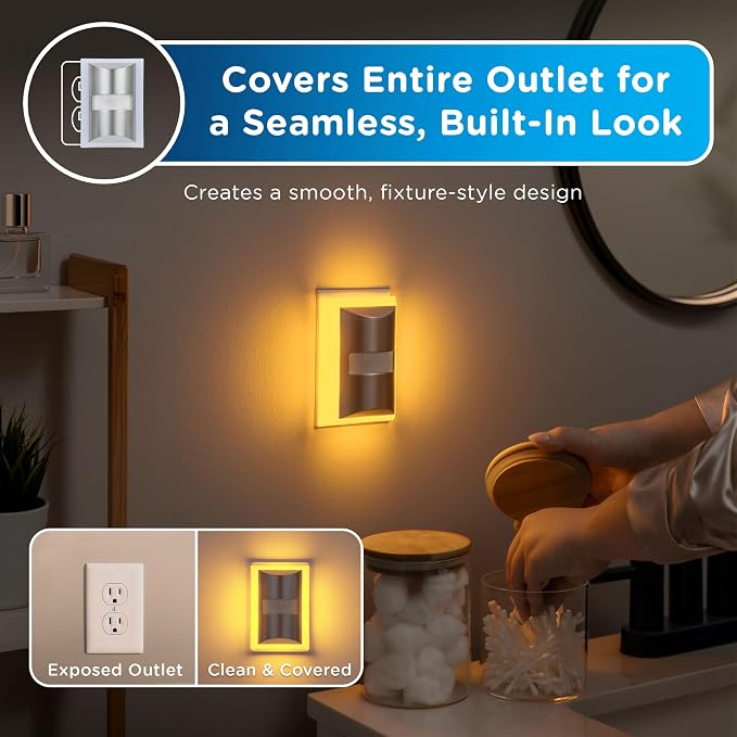 Enbrighten SleepLite Motion Sensor Night Lights Plug Into Wall Nightlight Amber Light Bathroom Bedroom Kitchen Nursery Kids Adults Brushed Nickel