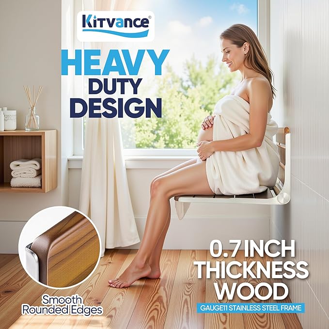 [Upgraded Version] 20" Folding Teak Shower Seat Wall Mounted- Shower Bench for Inside Shower, ADA Compliant Teak Shower Seat Wall Mounted Bench Bathroom Stool, Folding Bathtub Shower Seat for Elderly