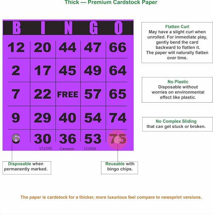 250 Bingo Cards, Large 4.5 x 4.5 Inch, Purple, Paper Bingo Sheets | 8 Color Options, Premium Cardstock, Disposable with Daubers or Reusable with Chips — Proudly Made in USA