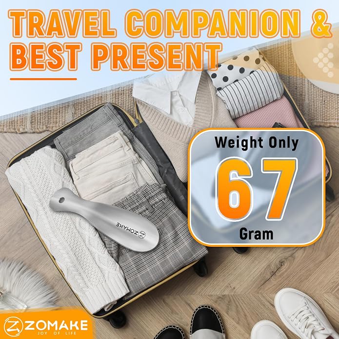 ZOMAKE Metal Shoe Horn, Small Travel Shoehorn for Men Women Kids 7.5''&3.9" | 3 Pack Stainless Steel Portable Shoe Spoon Helper, Compact Travel Size, Built-In Hang Hole, Smooth Rounded Curve, Shoe Care