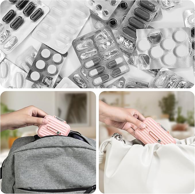 Travel Pill Organizer Box with Medicine Labels, 2Pack 7 Compartments Portable Pill Case, Daily Medication Organizer Storage Pill Container for Pocket Pharmacy(Pink S+L 2Pack)