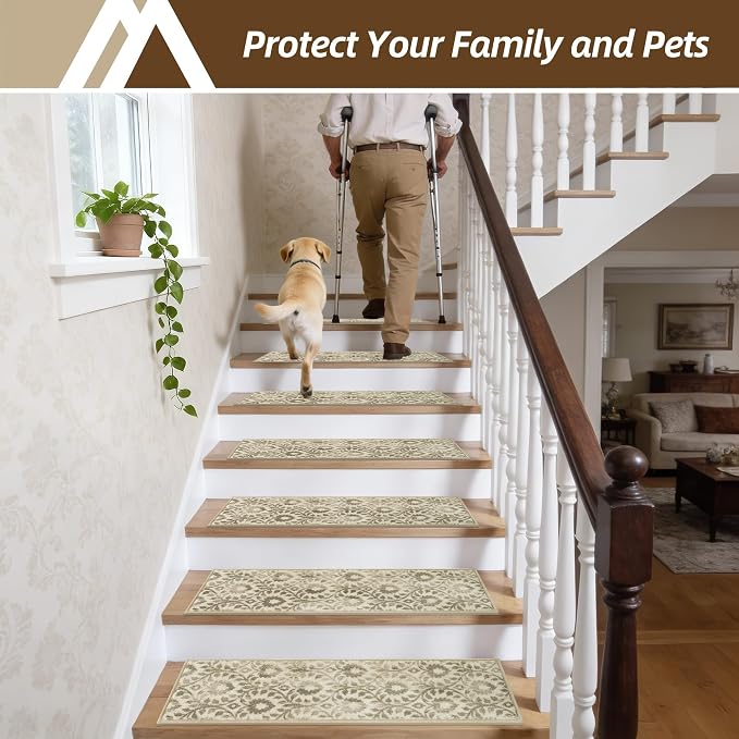 COSY HOMEER Stair Treads for Wooden Steps Indoor with TPE Backing,4Pcs | Non-Slip Carpet Stair Treads, Soft Peel and Stick Stair Runners,Pet-Friendly Stair Runner Washable Reusable,Vine