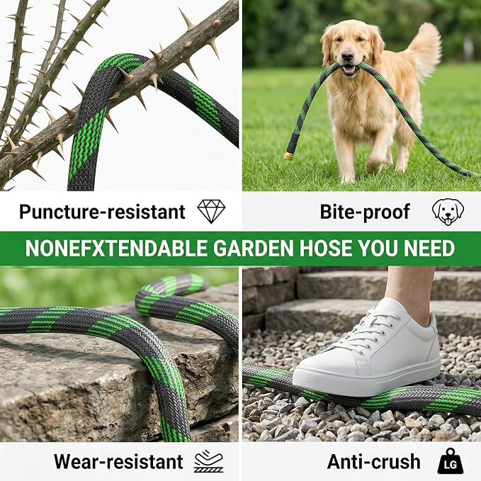 Non-Expandable Garden Hose 75 FT, Heavy-Duty & Flexible Water Hose with 10-Function Nozzle, Kink-Free & Leak-Proof Design, Ultra Lightweight Portable Yard Hose for Lawn, Car, Outdoor Use