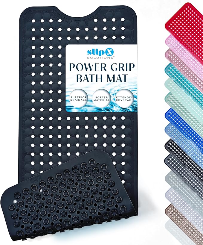SlipX Solutions Power Grip Bathtub Safety Mat | Precision Grip Technology for Longer, Stronger, & Softer Wet Surface Protection | Solid Black 39"x16"