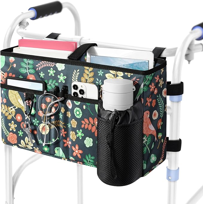 Rhino Valley Walker Bag, Multi Pockets Folding Walker Basket Tote Bag with Cup Holder, Hand-free Carry Pouch Storage Bag for Universal Walkers, Large Capacity Organizer for Seniors Elderly, Birds