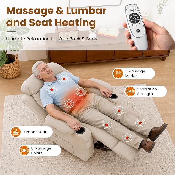 Electric Power Lift Recliner Chair Sofa with Massage and Heat for Elderly,Lift Chair with Cup Holder & Side Pockets for Living Room