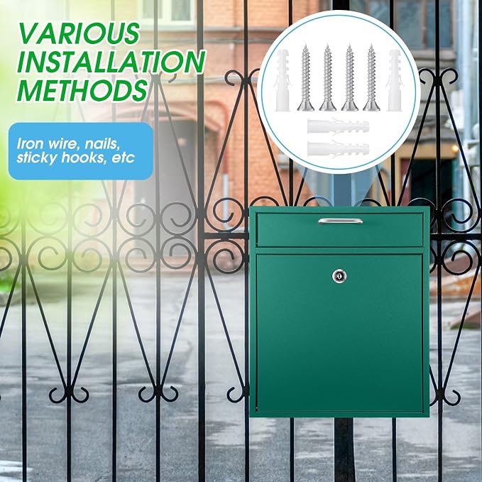 Yaocom Locking Mailbox with Key for Outdoor 12 x 10.5 x 4.7 Inches Large Wall Mount Mail Box with Lock Security Mail Drop Metal Collection Boxes Hanging Secure Postbox(Green)