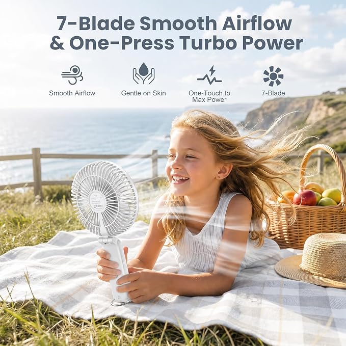 Portable Handheld Fan, 10000mAh Rechargeable 6-Inch Personal Fan for Travel | Ultra Quiet Foldable Desk Fan, 5-Speed Battery Operated Fan with Up to 40H Runtime and Digital Display for Travel and Makeup