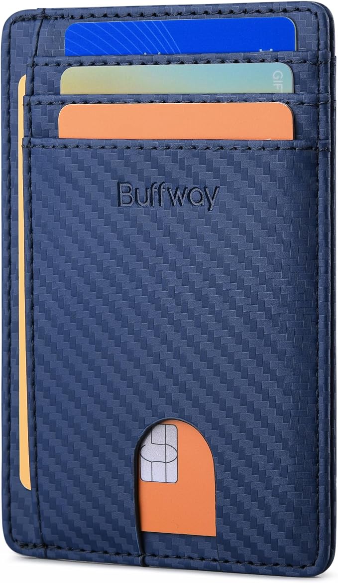 Buffway Slim Minimalist Front Pocket RFID Blocking Leather Wallets for Men and Women - Carbon Fiber Blue