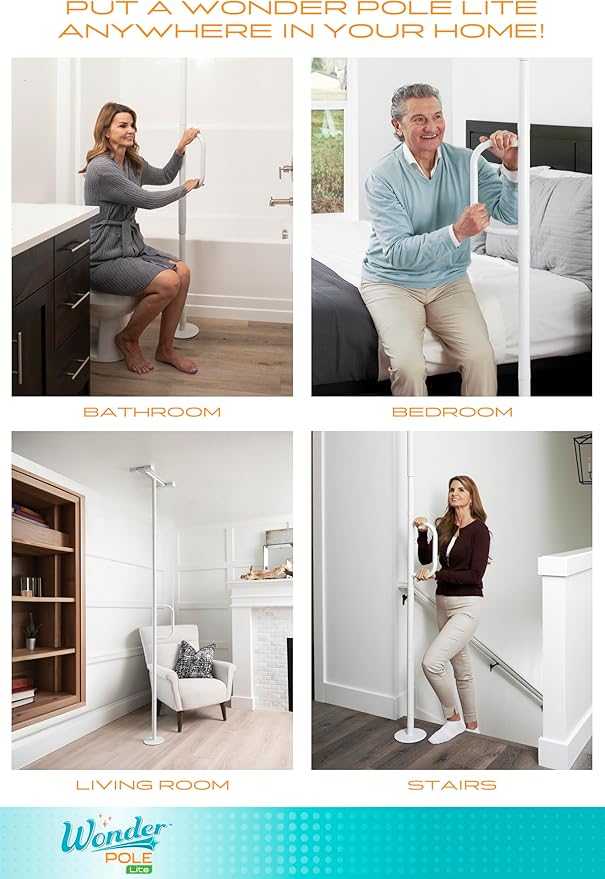 Stander Wonder Pole Lite, Adjustable Floor to Ceiling Safety Grab Bar with Security Support Handle for Fall Prevention, Tension Mounted Transfer-Pole for Adults, Seniors, and Elderly, White