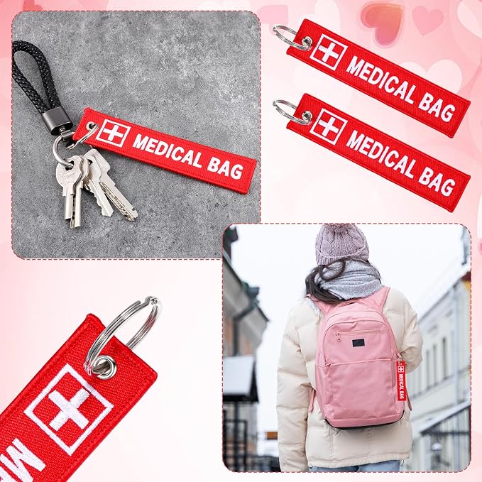 2 Pcs Medical Alert Tag for Bag, Medical Equipment Luggage Tag, Double-Sided ID Tags Keychains, Red Key Tags for Backpack Luggage, Purse