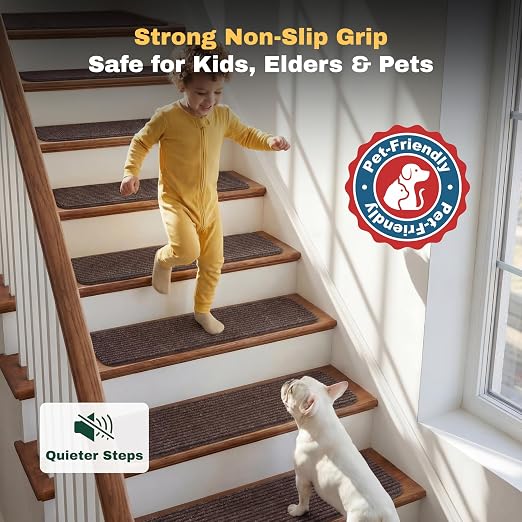 MBIGM Carpet Stair Treads for Wooden Steps, 7 Pack, 8" x 30", Brown Stripe | Four-layer polyester carpet with PP grid base, nonwoven cushion and TPR adhesive backing adds indoor traction and comfort