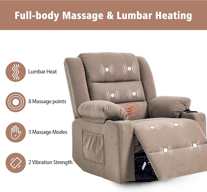 Ketaiyou Swivel Rocker Recliner Chair for Adults with Massage and Heat, Cup Holders and Side Pockets, Glider Rocking Reclining Single Sofa Chair for Living Room (Mocha2)