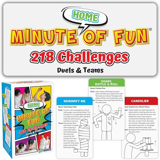 Funwares Minute of Fun Home Edition Card Game, 218 Challenges, 2-12 Players | Minute to Win It Style, Uses Your Own Household Items (Supplies Not Included), 109 Cards, 60-Second Challenges, Ages 8+