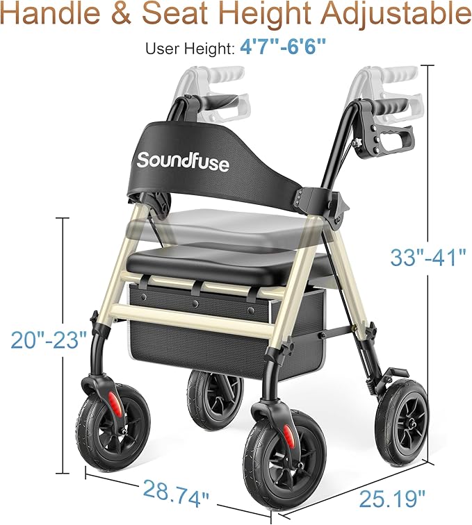 Rollator Walkers for Seniors with Seat, Foldable Lightweight Rolling Walker with 8" Big PU Wheels, Ergonomic Seat, Dual Height Adjustment