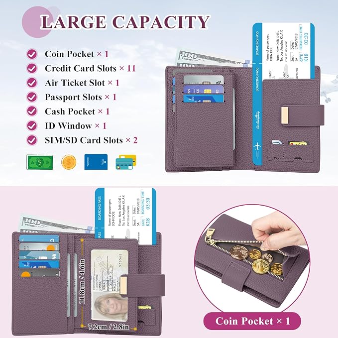 BKNOOU RFID Blocking Passport Holder with Airtag Slot- Leather Travel Passport Wallet for Women, Slim Bifold Travel Passport Holder Holds Cards & Tickets & Cash (Light Purple)