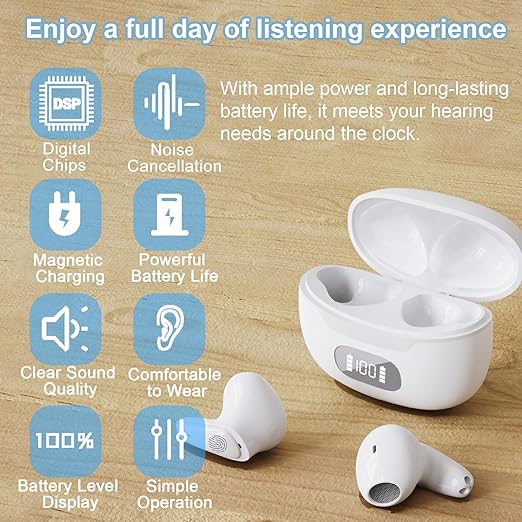 BLJ OTC Hearing Aids for Mild to Moderate Loss, Ergonomic Fit & Instant Use No App, 32-Channel DSP Noise-Cancelling & Feedback Suppression, Home/Office/Daily Use, Digital Display Case (White)