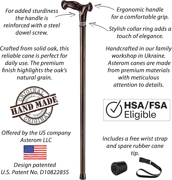 Asterom Walking Cane for Men & Women - Handmade, Ergonomic, Wooden Canes - Cool Walking Sticks for Seniors