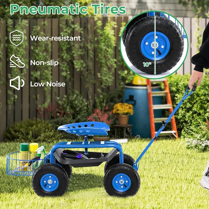 Garden Seat with Wheels, Rolling Stool with Extendable Handle, Storage Basket & Tool Tray, Garden Scooter with 360 Degree Swivel Seat for Outdoor & Yard (Blue)