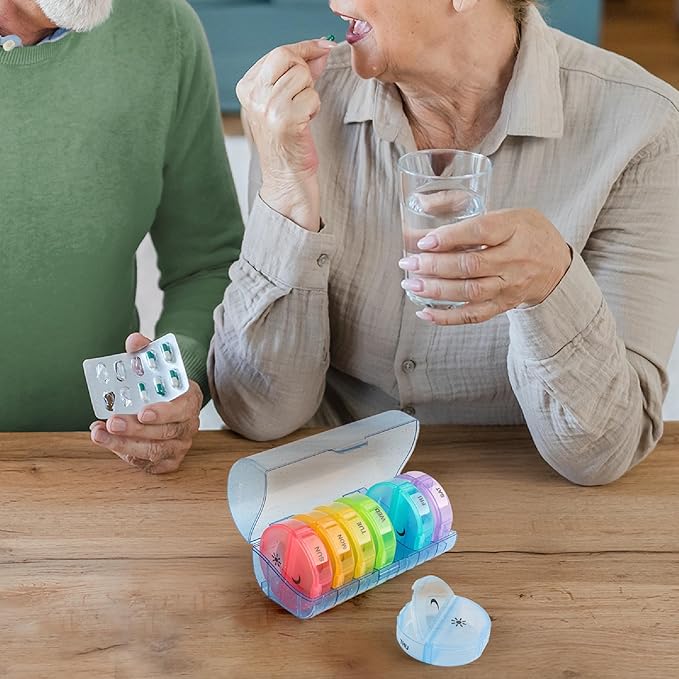 Sukuos Weekly Pill Organizer 7 Day 2 Times a Day, Large Daily Pill Box Easy to Open, Portable AM PM Pill Case for Medicine/Vitamin/Fish Oil/Supplements (Glitter Blue)