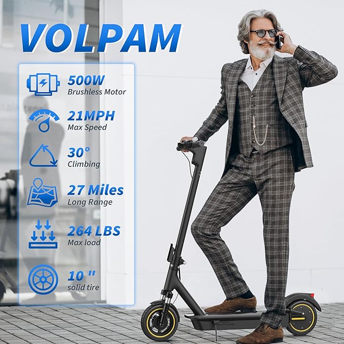 VOLPAM 10 Inches Electric Scooter, Dual Suspension, 21 MPH Top Speed, 500W Powerful Motor, 28 Miles Long Range, Dual Braking, Max Load 264 lbs