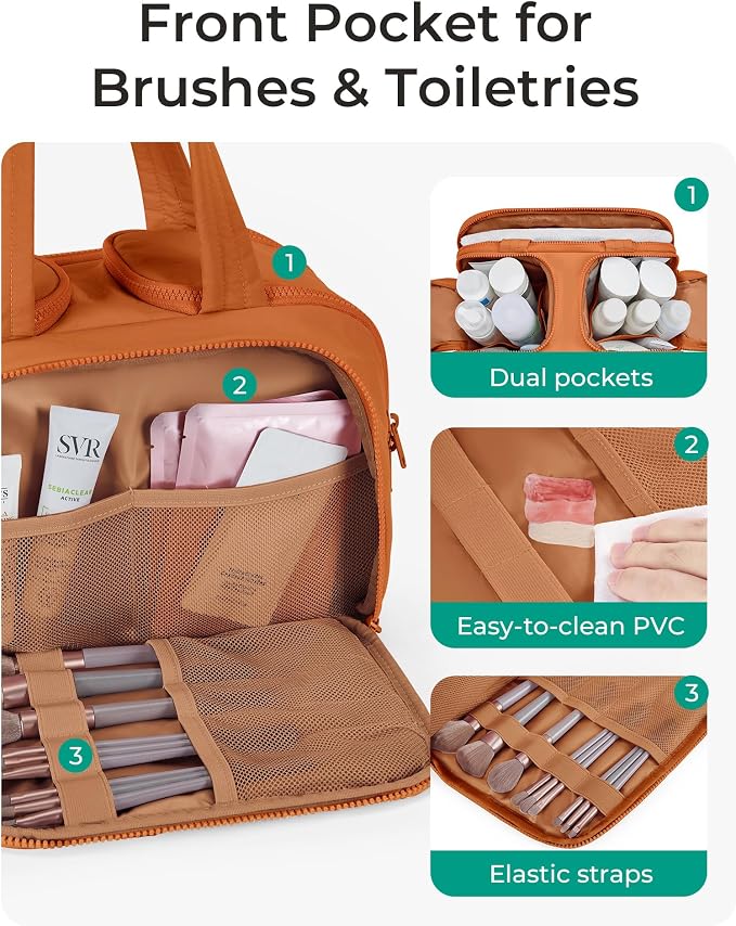 BAGSMART Travel Toiletry Bag, Puffy Toiletry Bag for Women, Wide-open toiletry bags for traveling, Large Travel Cosmetic Makeup Bag Organizer for Accessories,Toiletrie (Sandstore Brown)