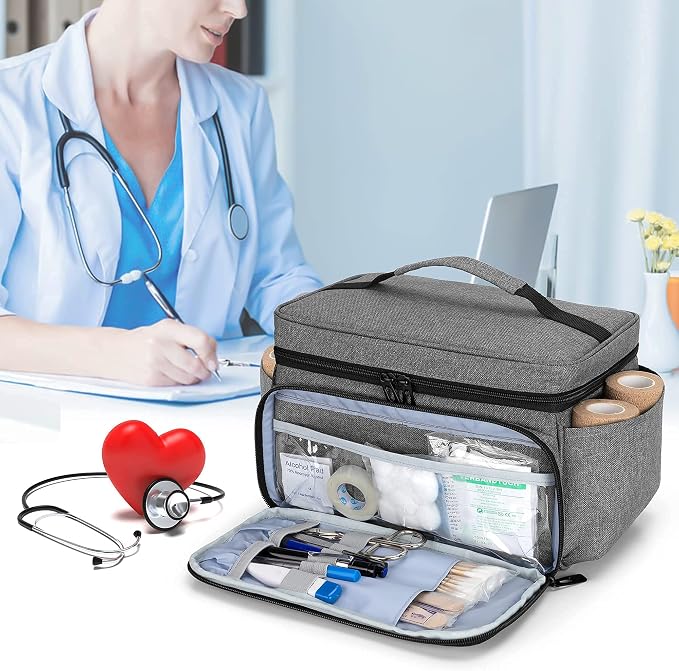 CURMIO Small Medicine Storage Bag, Empty Family First Aid Kits Case, Gray | Emergency Medical Supplies for Home Care, Pill Bottle Organizer, Multifunctional Bag for Medical Use, Dormitory, Travel