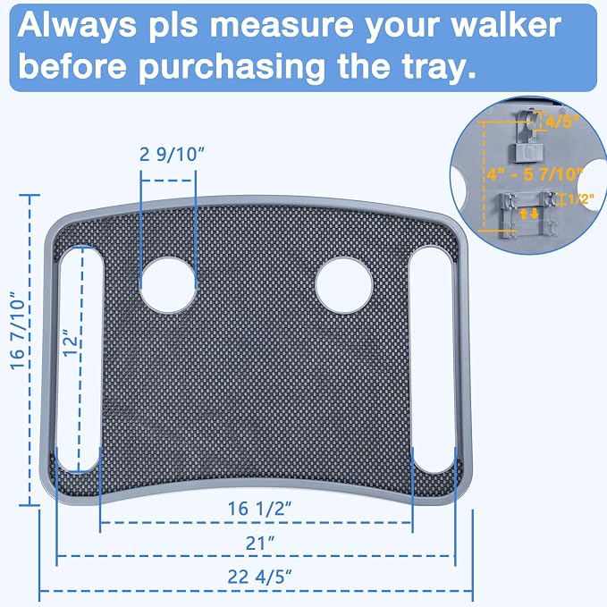 Walker Tray for Seniors with Dual Cup Holders & Side Pouch (Gray) | Durable Food & Drink Table, Lightweight with Non-Slip Pad, Compatible with Walker of 10210-1 Model