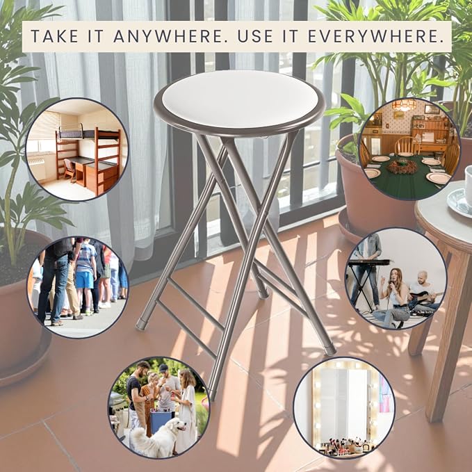 Lavish Home Folding Stool with Padded Backless Seat Set of 4, White, 24” | Counter Height Bar Stools with 225lb Capacity, Portable Indoor & Outdoor, Extra Seat for Kitchen, Rec Room or Camping