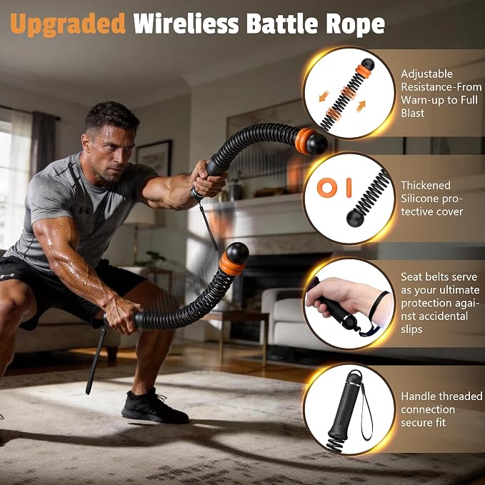 Portable Weighted Cordless Battle Ropes,Adjustable Weights, for Home Gym,Low-Noise Exercise Rope.Weighted Exercise Equipment for Low-Impact.Workout, Strength & HIIT,for Men & Women (Black)