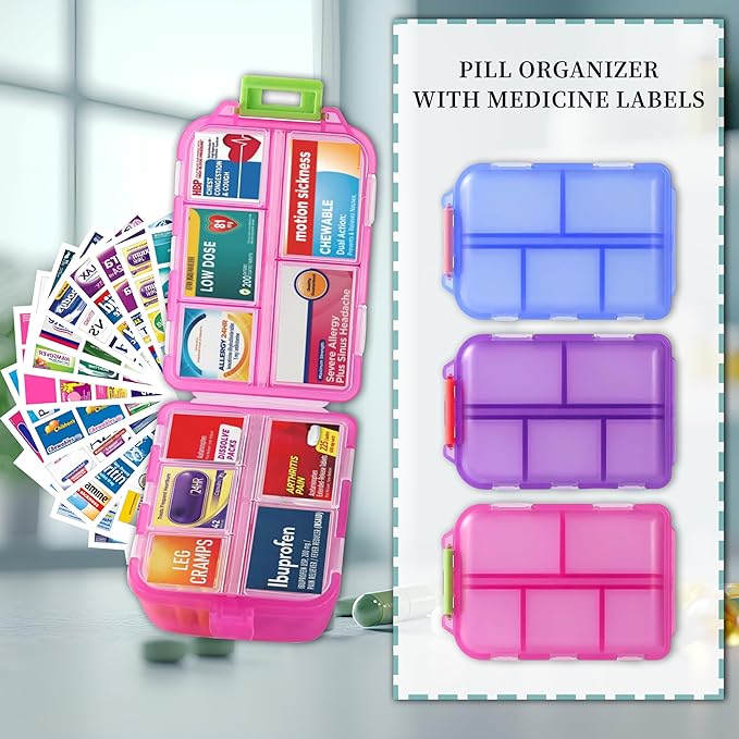 Large Pill Organizer with Medicine Labels, Travel Daily Pill Container, Mini Medication Organizer, 7-Day Pill Case, Set of 3 (Blue+Pink+Purple)