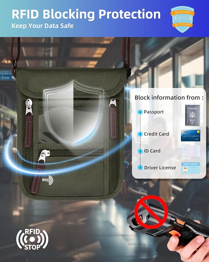 WALNEW Passport Holder Neck Pouch Travel Wallet for Women and Men, RFID Blocking Security Slim Traveling Wallet with Around Neck Lanyard Strap, Army Green | Around Neck Lanyard Strap, Travel Safety Anti Theft Bag, Neck Wallet for Traveling Women Men