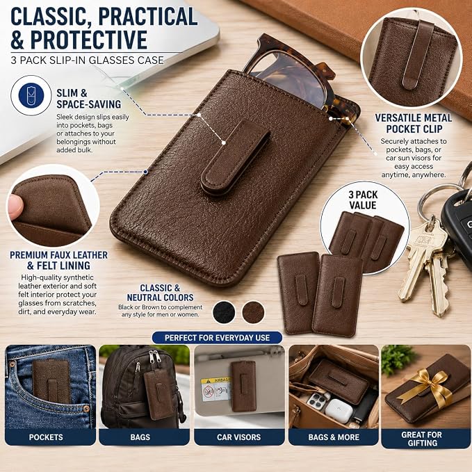 Calabria Soft Slip-In Glasses Case Pocket Metal Clip 2Black/2Brown(4Pack) Men/Women Faux Leather Felt Lining 6.5"x3"