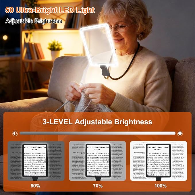 Magnifying Glass with Light for Reading,Hands Free Magnifier Neck Wearable | Lightweight Soft Tube, 50 Ultra-Bright LED Light Free 10X Magnifier for Reading,Sewing,Knitting,Cross Stitch & Crafts