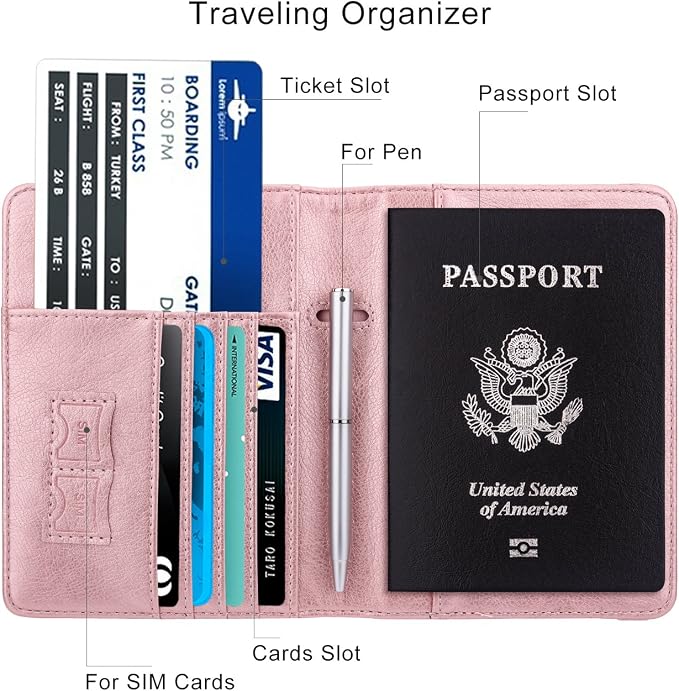 WALNEW Passport Holder for Travel, RFID Passport Cover Wallet for Women Men, PU Leather Passport Book Card Holder Case with Pen, Travelling Essentials for Flying | PU Leather Passport Cover Case with Pen Holder, Travel Must Haves Accessories, Passport ...